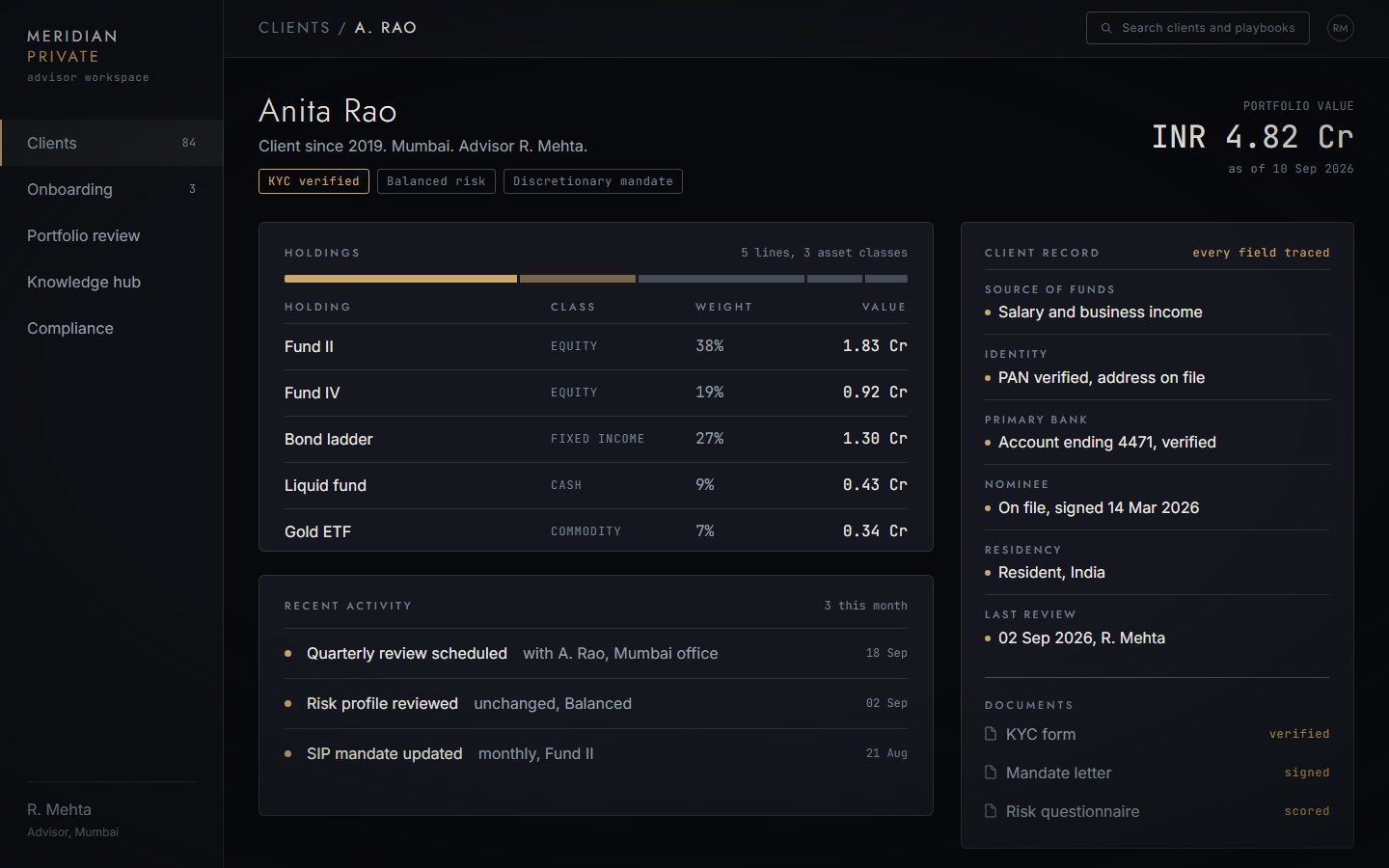 An advisor's dashboard in the wealth platform.