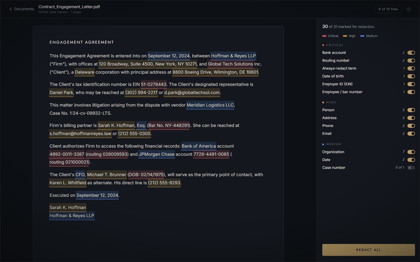 RedactPro review screen: a contract with detected identifiers highlighted and grouped by severity.
